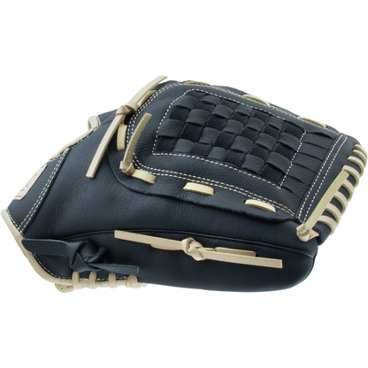 The Marucci Swift 12″ Baseball Glove: MFGSWFT12-OG/BK by Marucci is an infield glove featuring a black S Type fit, tan lacing and stitching, and a genuine leather palm, displayed closed from a side view against a white background.