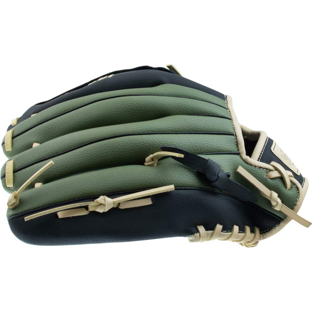 The Marucci Swift 12″ Baseball Glove: MFGSWFT12-OG/BK is presented from the side, revealing its striking green and black leather outer surface, beige laces, S Type fit, and meticulous stitching. Crafted by Marucci with a genuine leather palm, this glove blends style and high performance for dedicated players.
