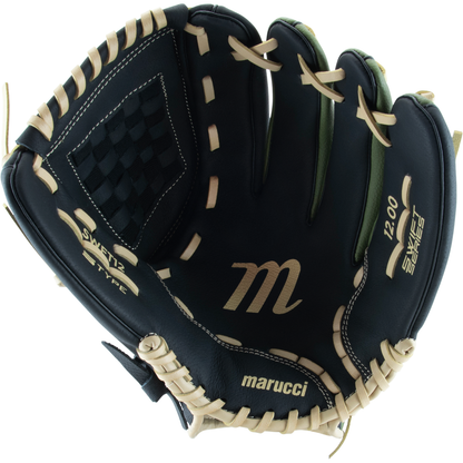 The Marucci Swift 12″ Baseball Glove (MFGSWFT12-OG/BK) features a striking black and tan design with a Skeletz I-Web, gold Marucci branding on the leather, a checkered web, and white lacing. This glove is designed with an S Type fit and includes a genuine leather palm for enhanced comfort and performance.