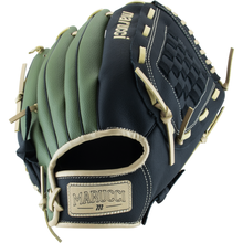 The Marucci Swift 12″ Baseball Glove (MFGSWFT12-OG/BK) features a green and black genuine leather design with tan laces and stitching, an S Type fit, and the Marucci logo displayed on both the wrist strap and the back of the glove.