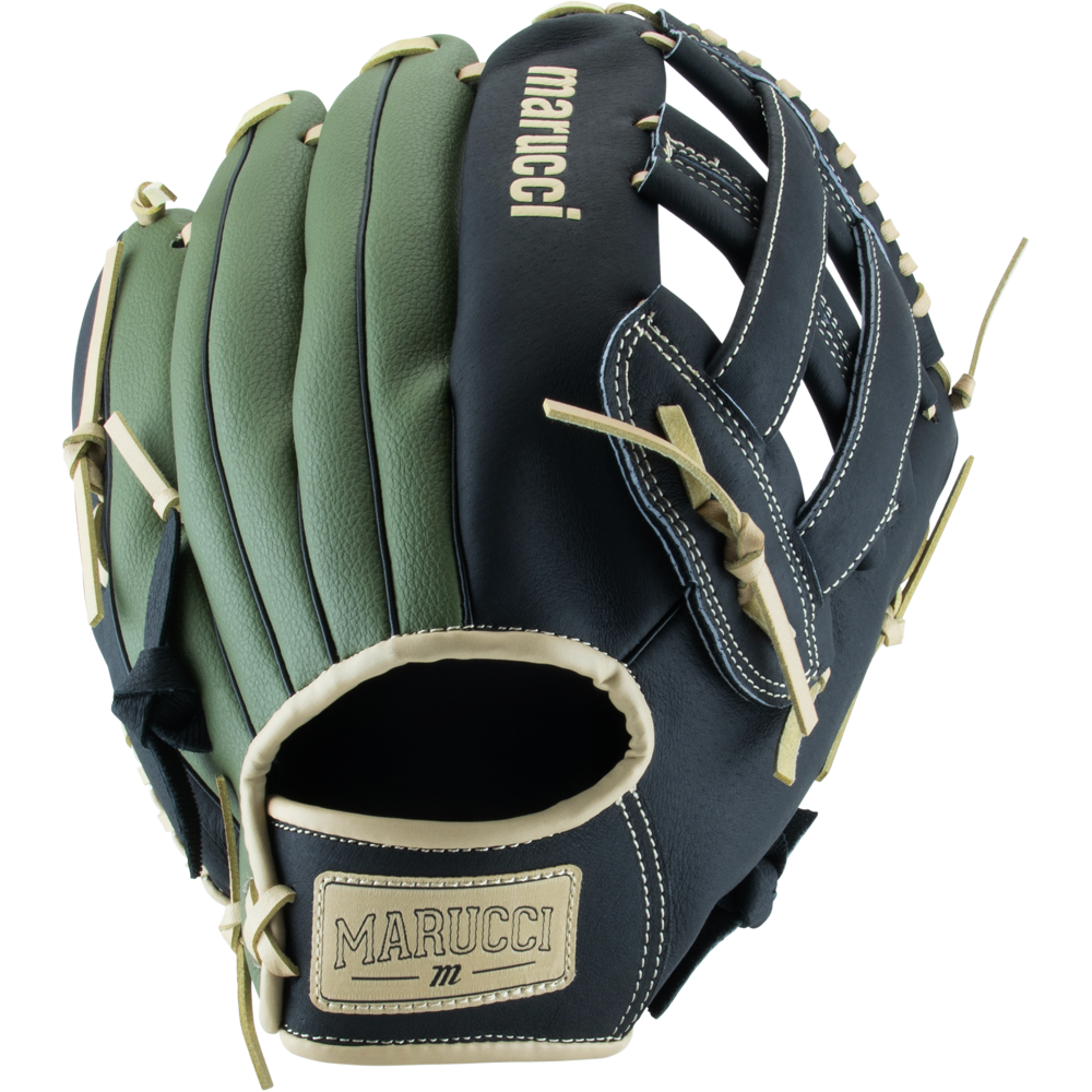 The Marucci Swift 12.5″ Baseball Glove (MFGSWFT125-OG/BK) features green and black genuine leather with tan laces and white stitching, a deep pocket design, and the Marucci logo displayed on both the wrist and top.