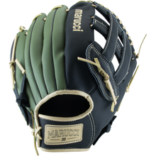 The Marucci Swift 12.5″ Baseball Glove (MFGSWFT125-OG/BK) features green and black genuine leather with tan laces and white stitching, a deep pocket design, and the Marucci logo displayed on both the wrist and top.
