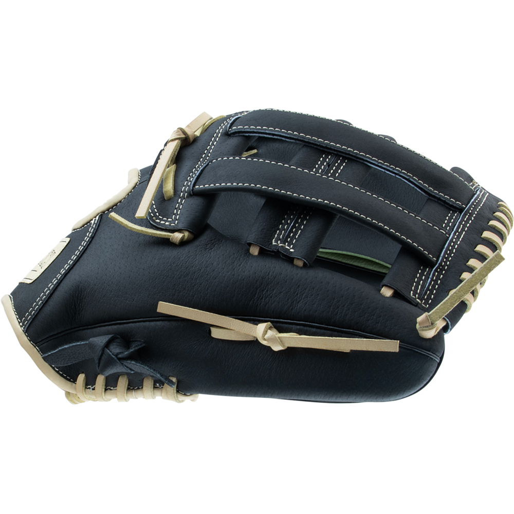 The Marucci Swift 12.5″ Baseball Glove (MFGSWFT125-OG/BK) features black genuine leather, tan laces, and white stitching. Shown from the side with its webbing and deep pocket facing up, this Marucci glove is ideal for outfield play.