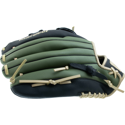 The Marucci Swift 12.5″ Baseball Glove (MFGSWFT125-OG/BK) by Marucci features a striking green and black design with beige laces, expertly crafted from genuine leather. Viewed from the side, this glove showcases its outer surface, deep pocket, and meticulous stitching details.