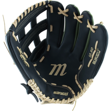The Marucci Swift 12.5″ Baseball Glove (MFGSWFT125-OG/BK), featuring a black genuine leather construction with beige laces and prominent Marucci branding, is shown palm-up against a white background, showcasing its deep pocket design.