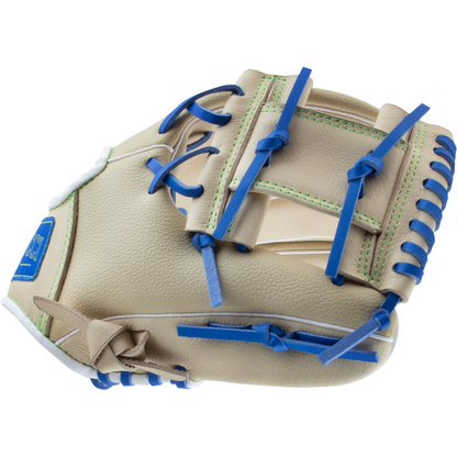 The Marucci Swift 10.5″ Youth Baseball Glove (MFGSWFTY105 CM/RB) by Marucci features a tan genuine leather construction with blue laces and green stitching in an I-Web pattern, displayed palm-side down on a white background.