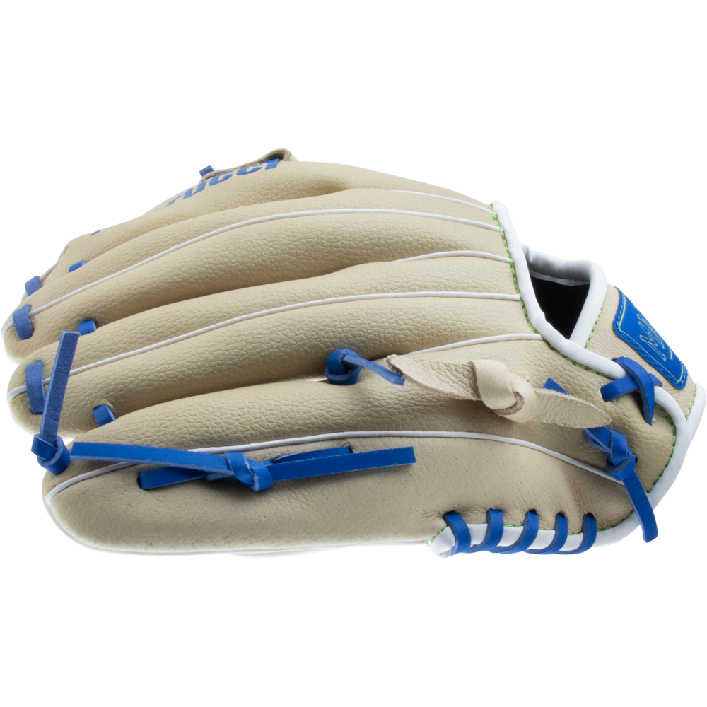 The Marucci Swift 10.5″ Youth Baseball Glove (MFGSWFTY105 CM/RB) by Marucci is shown from the side with the fingers facing left, featuring a tan genuine leather construction with blue laces, white accents, and an I-Web design.