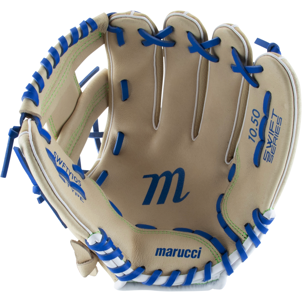 A Marucci Swift 10.5″ Youth Baseball Glove (MFGSWFTY105 CM/RB) in tan, featuring blue laces, a blue Marucci “M” logo, and “10.50 SWEET SERIES” printed on the thumb area. Crafted from genuine leather with an I-Web design, this youth glove is shown from the palm side.