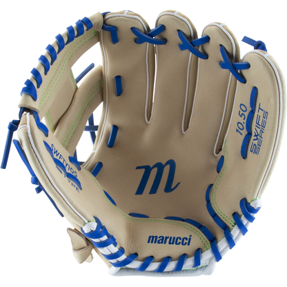 A Marucci Swift 10.5″ Youth Baseball Glove (MFGSWFTY105 CM/RB) in tan, featuring blue laces, a blue Marucci “M” logo, and “10.50 SWEET SERIES” printed on the thumb area. Crafted from genuine leather with an I-Web design, this youth glove is shown from the palm side.