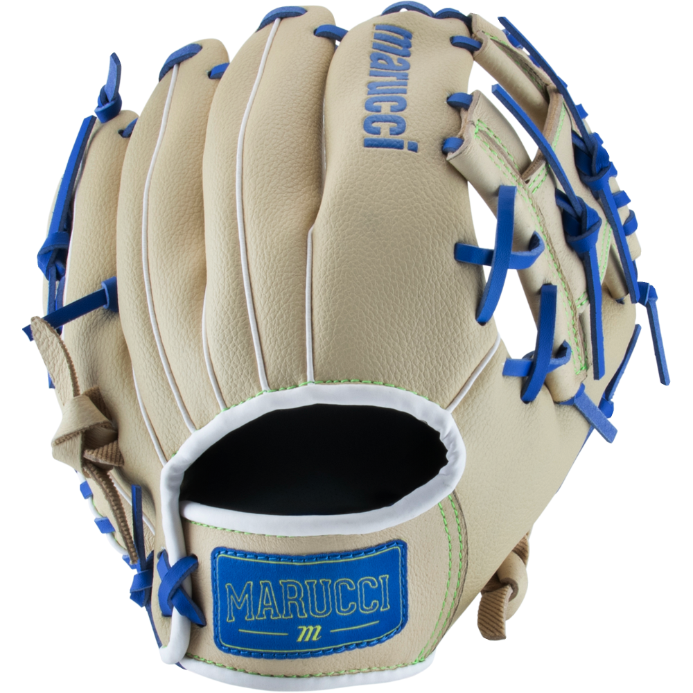 The Marucci Swift 10.5″ Youth Baseball Glove (MFGSWFTY105 CM/RB) features a tan genuine leather construction with blue laces and blue Marucci branding on the wrist strap and backhand. Green stitching highlights the glove’s seams, while its classic I-Web design ensures both style and functionality.