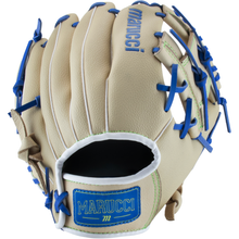 The Marucci Swift 10.5″ Youth Baseball Glove (MFGSWFTY105 CM/RB) features a tan genuine leather construction with blue laces and blue Marucci branding on the wrist strap and backhand. Green stitching highlights the glove’s seams, while its classic I-Web design ensures both style and functionality.
