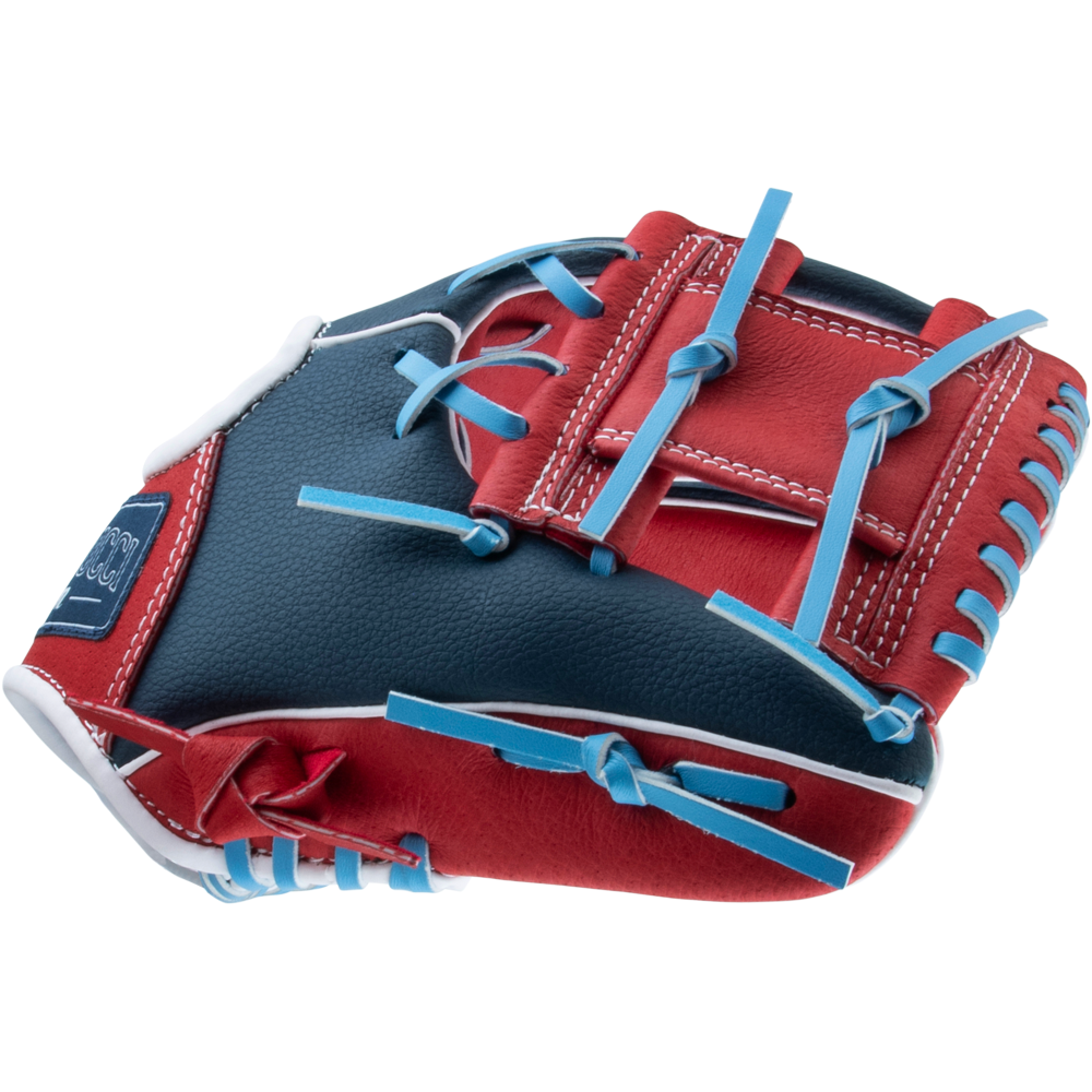 The Marucci Swift 10″ Youth Baseball Glove (MFGSWFTY10-NB/R) by Marucci features a stylish red, blue, and white design with blue laces. Crafted from genuine leather and shown against a white background, this glove offers an adjustable fit for comfort and security, making it ideal for young players.
