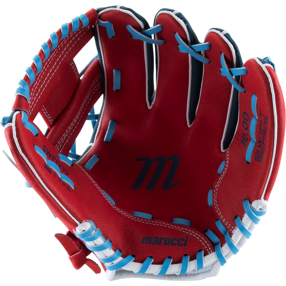 The Marucci Swift 10″ Youth Baseball Glove (MFGSWFTY10-NB/R) is displayed open with the palm side facing up, featuring a vivid red color with blue and white laces. Made from genuine leather, this Marucci glove offers an adjustable fit for enhanced comfort and performance on the field.