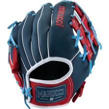 Presenting the Marucci Swift 10″ Youth Baseball Glove: MFGSWFTY10-NB/R—a genuine leather glove in navy blue and red, detailed with light blue laces, white stitching, and the Marucci logo on both wrist and fingers. Designed for an adjustable fit and lasting durability, this youth glove from Marucci is displayed palm-side down against a white background.
