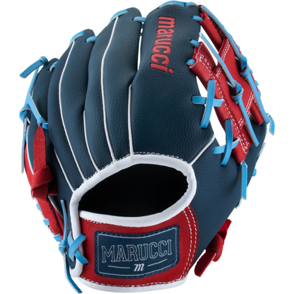 Presenting the Marucci Swift 10″ Youth Baseball Glove: MFGSWFTY10-NB/R—a genuine leather glove in navy blue and red, detailed with light blue laces, white stitching, and the Marucci logo on both wrist and fingers. Designed for an adjustable fit and lasting durability, this youth glove from Marucci is displayed palm-side down against a white background.