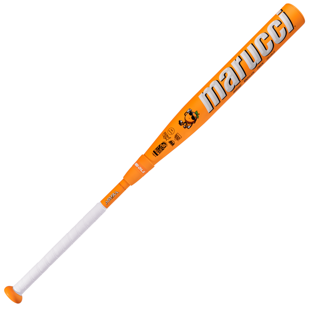 The 2025 Marucci ASURA Glow Citrus Spark (-10) Fastpitch Softball Bat features an orange design, white grip tape, Marucci branding, various certifications and graphics near the barrel, plus Gap Sync Barrel Technology for enhanced performance.