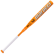 The 2025 Marucci ASURA Glow Citrus Spark (-10) Fastpitch Softball Bat features an orange design, white grip tape, Marucci branding, various certifications and graphics near the barrel, plus Gap Sync Barrel Technology for enhanced performance.