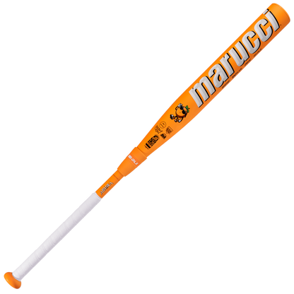 The 2025 Marucci ASURA Glow Citrus Spark (-10) Fastpitch Softball Bat features an orange design, white grip tape, Marucci branding, various certifications and graphics near the barrel, plus Gap Sync Barrel Technology for enhanced performance.