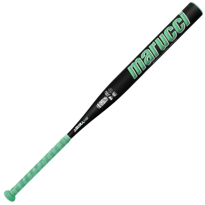 A 2026 Marucci ASURA Lux (-10) Fastpitch Softball Bat: MFPASL10 in black, featuring a light green handle and matching green "marucci" logo on the barrel, displayed against a white background.