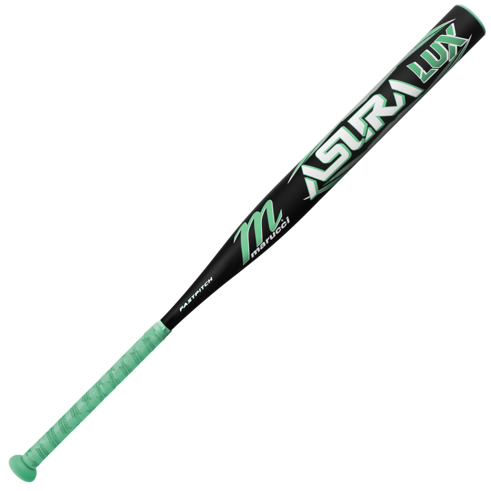The 2026 Marucci ASURA Lux (-11) Fastpitch Softball Bat (MFPASL11) features a black and mint-green design, "ASURA LUX" and "marucci" graphics, grip tape in mint-green, and advanced gap sync barrel technology.