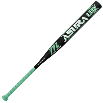 The 2026 Marucci ASURA Lux (-11) Fastpitch Softball Bat (MFPASL11) features a black and mint-green design, "ASURA LUX" and "marucci" graphics, grip tape in mint-green, and advanced gap sync barrel technology.