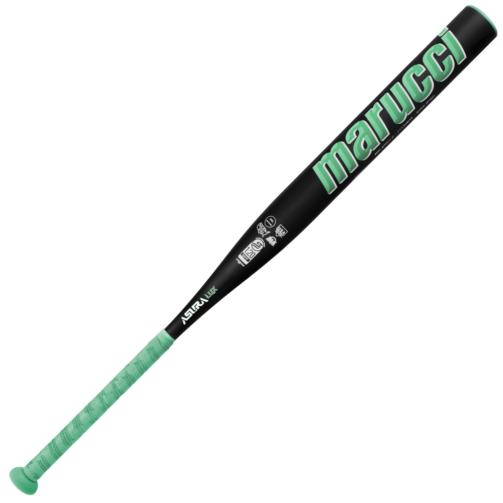 The 2026 Marucci ASURA Lux (-11) Fastpitch Softball Bat (MFPASL11) is a black bat with light green accents and large marucci branding on the barrel, featuring gap sync barrel technology for enhanced performance.