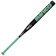 The 2026 Marucci ASURA Lux (-11) Fastpitch Softball Bat (MFPASL11) is a black bat with light green accents and large marucci branding on the barrel, featuring gap sync barrel technology for enhanced performance.