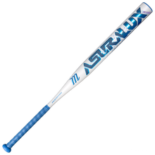 A sleek white and blue Marucci ASURA Lux Rise (-10) Fastpitch Softball Bat (MFPASLR10), featuring blue grip tape, blue accents, and advanced Rise Sync Barrel Technology, is displayed against a plain white background.