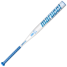 The 2027 Marucci ASURA Lux Rise (-10) Fastpitch Softball Bat (MFPASLR10) by Marucci features a white and blue design with blue grip tape on the handle, bold blue "Marucci" lettering, and a geometric pattern on the barrel end. It is equipped with Rise Sync Barrel Technology for enhanced performance.