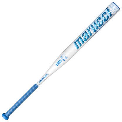 The 2027 Marucci ASURA Lux Rise (-10) Fastpitch Softball Bat (MFPASLR10) by Marucci features a white and blue design with blue grip tape on the handle, bold blue "Marucci" lettering, and a geometric pattern on the barrel end. It is equipped with Rise Sync Barrel Technology for enhanced performance.
