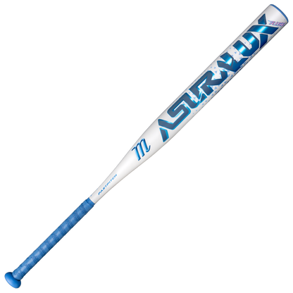 A white and blue Marucci ASURA Lux Rise (-11) Fastpitch Softball Bat (model MFPASLR11) with a blue grip tape, metallic accents, an AV Knob, and advanced Rise Sync Barrel Technology is displayed against a plain white background.