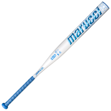 The 2027 Marucci ASURA Lux Rise (-11) Fastpitch Softball Bat (MFPASLR11) by Marucci features a striking white and blue design with a blue handle grip, bold "marucci" lettering across the barrel, and distinctive geometric patterns near the end. Engineered for performance, this bat is equipped with Rise Sync Barrel Technology to enhance hitting power and an AV Knob that provides superior comfort and control at the plate.