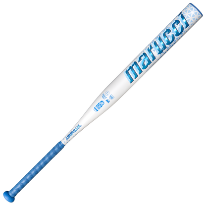 The 2027 Marucci ASURA Lux Rise (-11) Fastpitch Softball Bat (MFPASLR11) by Marucci features a striking white and blue design with a blue handle grip, bold "marucci" lettering across the barrel, and distinctive geometric patterns near the end. Engineered for performance, this bat is equipped with Rise Sync Barrel Technology to enhance hitting power and an AV Knob that provides superior comfort and control at the plate.