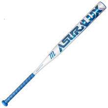 A white and blue Marucci 2027 ASURA Lux Rise (-8) Fastpitch Softball Bat (MFPASLR8), featuring the ASTRLUX name in bold blue letters, a blue grip tape handle, blue end cap, and advanced Rise Sync Barrel Technology for enhanced performance.