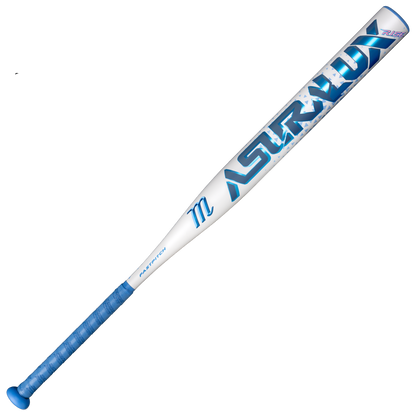 A white and blue Marucci 2027 ASURA Lux Rise (-8) Fastpitch Softball Bat (MFPASLR8), featuring the ASTRLUX name in bold blue letters, a blue grip tape handle, blue end cap, and advanced Rise Sync Barrel Technology for enhanced performance.