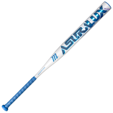 The Marucci 2027 ASURA Lux Rise (-9) Fastpitch Softball Bat (MFPASLR9) features a striking blue and white design, bold AstraLux branding, advanced Rise Sync Barrel Technology for superior performance, a blue grip tape handle, and a matching blue end cap.