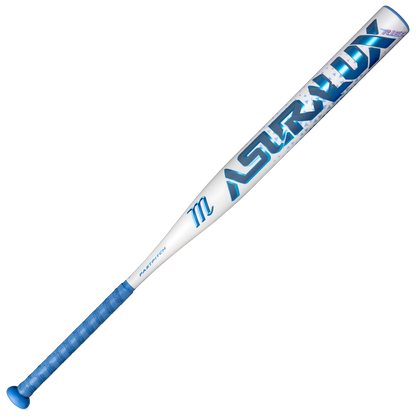 The Marucci 2027 ASURA Lux Rise (-9) Fastpitch Softball Bat (MFPASLR9) features a striking blue and white design, bold AstraLux branding, advanced Rise Sync Barrel Technology for superior performance, a blue grip tape handle, and a matching blue end cap.