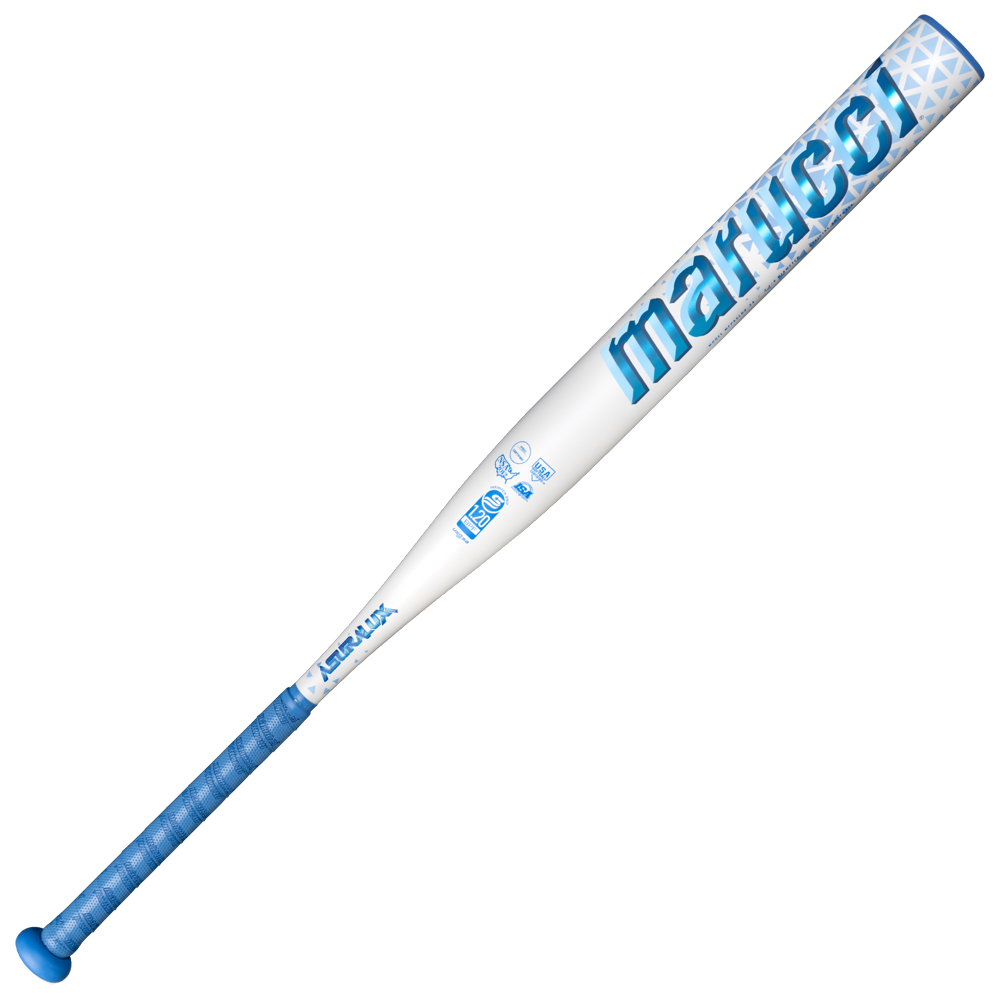 The 2027 Marucci ASURA Lux Rise (-9) Fastpitch Softball Bat (MFPASLR9) by Marucci is a white and blue bat with a patterned grip and end cap, featuring blue branding and text along the barrel, and is engineered with Rise Sync Barrel Technology for enhanced performance.