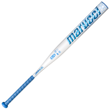 The 2027 Marucci ASURA Lux Rise (-9) Fastpitch Softball Bat (MFPASLR9) by Marucci is a white and blue bat with a patterned grip and end cap, featuring blue branding and text along the barrel, and is engineered with Rise Sync Barrel Technology for enhanced performance.