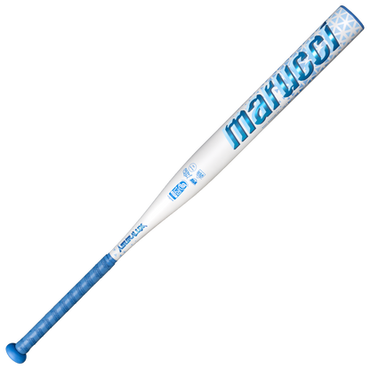 The 2027 Marucci ASURA Lux Rise (-9) Fastpitch Softball Bat (MFPASLR9) by Marucci is a white and blue bat with a patterned grip and end cap, featuring blue branding and text along the barrel, and is engineered with Rise Sync Barrel Technology for enhanced performance.