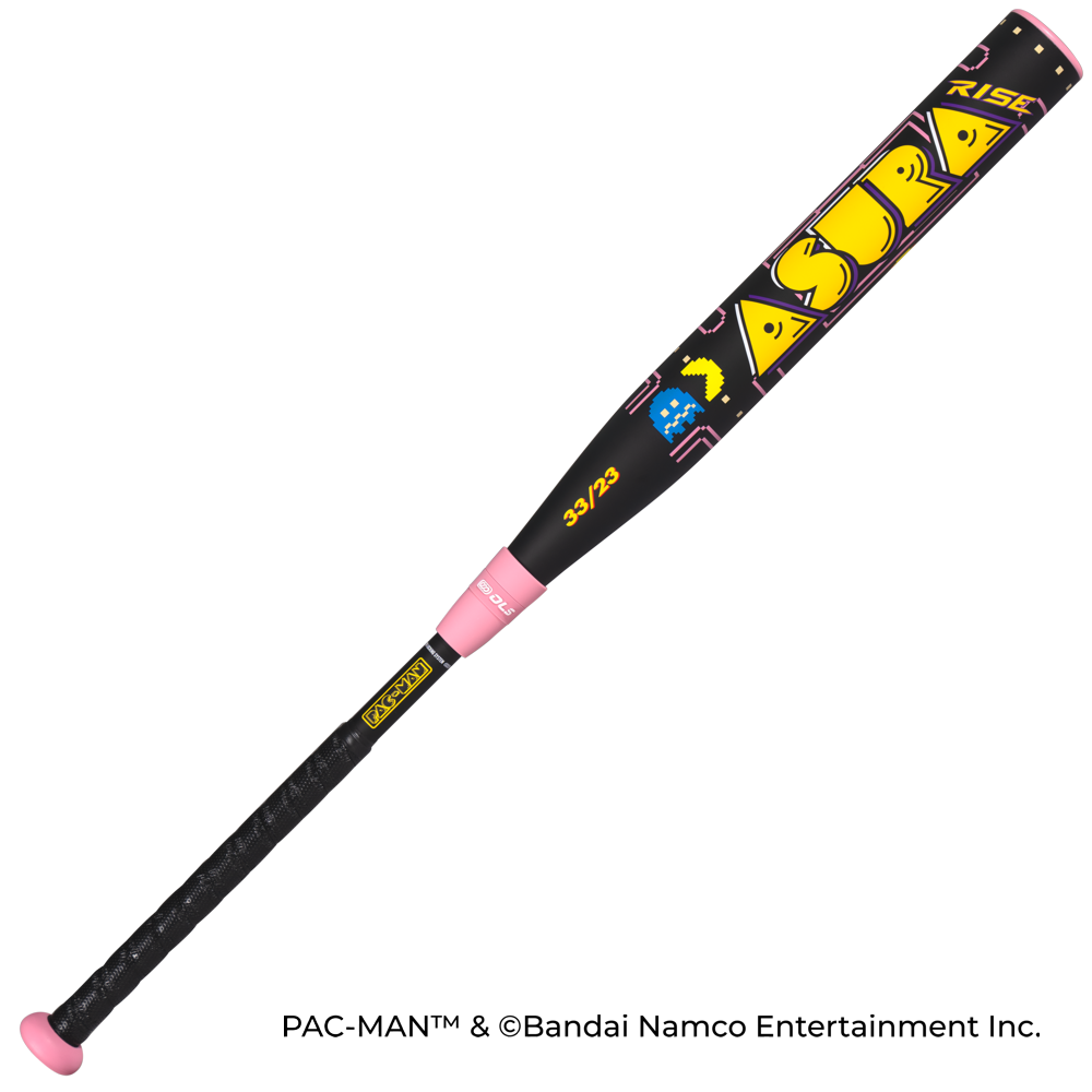The Marucci 2027 ASURA Rise PAC-MAN (-10) Fastpitch Softball Bat features black and pink colors, PAC-MAN graphics, yellow and white details, PAC-MAN/31/23 text, and Rise Sync Barrel Technology for top performance.