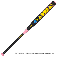 The Marucci 2027 ASURA Rise PAC-MAN (-10) Fastpitch Softball Bat features black and pink colors, PAC-MAN graphics, yellow and white details, PAC-MAN/31/23 text, and Rise Sync Barrel Technology for top performance.