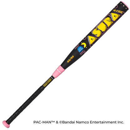 The Marucci 2027 ASURA Rise PAC-MAN (-10) Fastpitch Softball Bat features black and pink colors, PAC-MAN graphics, yellow and white details, PAC-MAN/31/23 text, and Rise Sync Barrel Technology for top performance.