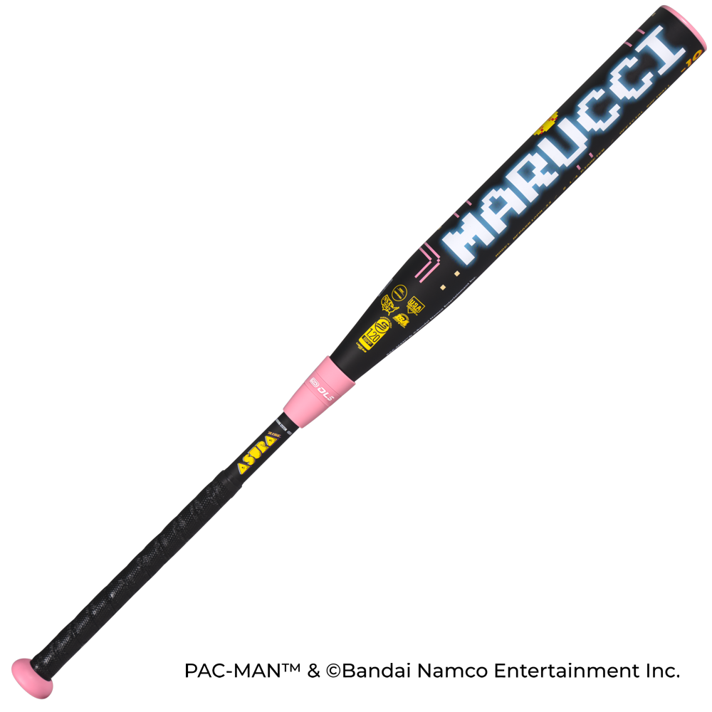 The 2027 Marucci ASURA Rise PAC-MAN (-10) Fastpitch Softball Bat features a black barrel with pink ends, retro PAC-MAN Collection designs in yellow and blue, MARUCCI in a pixelated font, and a black textured grip for control.
