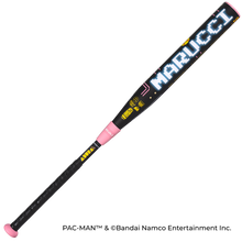 The 2027 Marucci ASURA Rise PAC-MAN (-10) Fastpitch Softball Bat features a black barrel with pink ends, retro PAC-MAN Collection designs in yellow and blue, MARUCCI in a pixelated font, and a black textured grip for control.