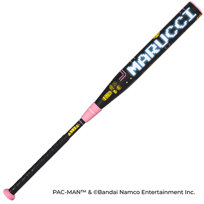 The 2027 Marucci ASURA Rise PAC-MAN (-10) Fastpitch Softball Bat features a black barrel with pink ends, retro PAC-MAN Collection designs in yellow and blue, MARUCCI in a pixelated font, and a black textured grip for control.