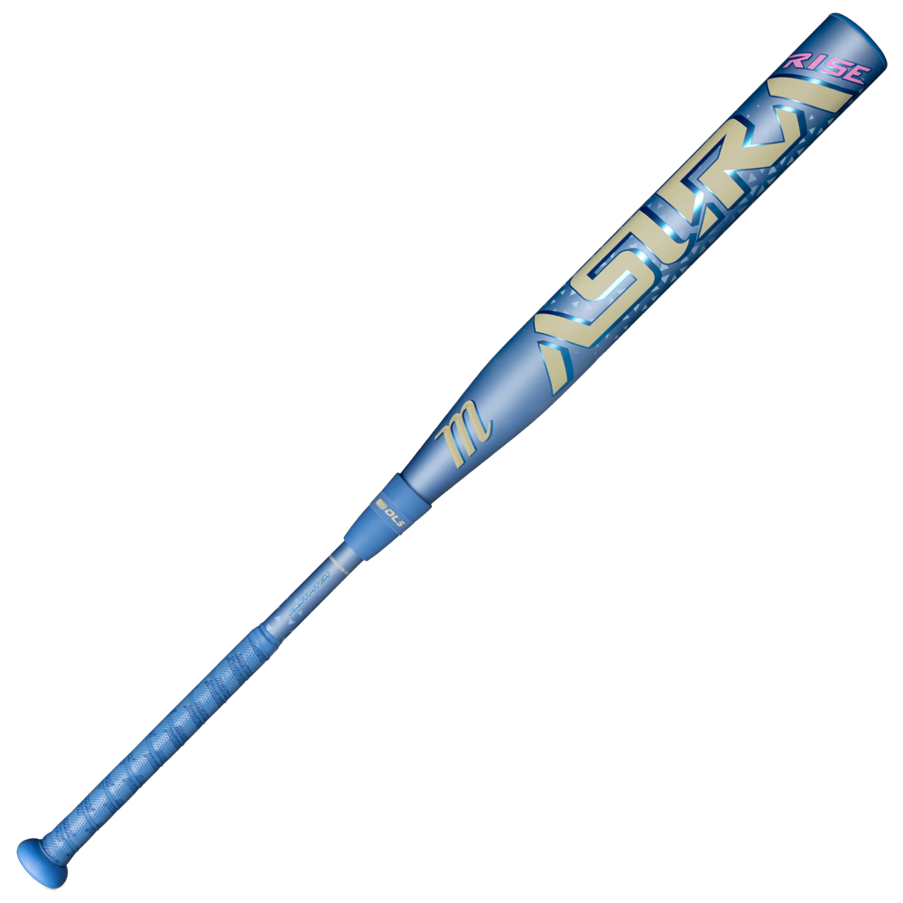 The Marucci 2027 ASURA Rise (-10) Fastpitch Softball Bat (MFPASR10) by Marucci features a striking blue and silver color scheme with "ASURA" and "RISE" boldly displayed on the barrel, a textured grip for enhanced control, a sleek modern design, and an engineered sweet spot optimized for performance.