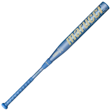 The 2027 Marucci ASURA Rise (-10) Fastpitch Softball Bat (MFPASR10), a blue bat with gold lettering and a wrapped grip, is displayed on a white background and features an anti-vibration knob for added comfort.
