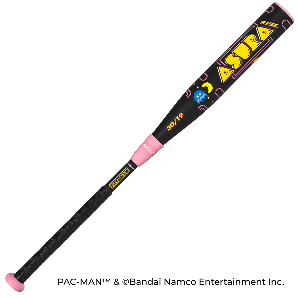 The 2027 Marucci ASURA Rise PAC-MAN (-11) Fastpitch Softball Bat features a black design with pink, Pac-Man and ghost graphics, an anti-vibration knob, yellow "ASURA" lettering, and yellow "30/19" near the barrel.