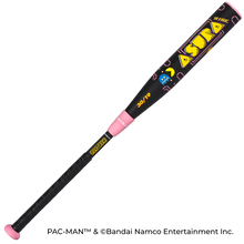 The 2027 Marucci ASURA Rise PAC-MAN (-11) Fastpitch Softball Bat features a black design with pink, Pac-Man and ghost graphics, an anti-vibration knob, yellow "ASURA" lettering, and yellow "30/19" near the barrel.